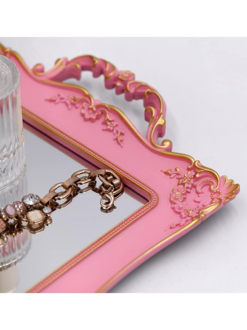 Vintage Pink Framed Square Mirror Tray - Jewelry & Cosmetics Organizer - Picture 4 of 5